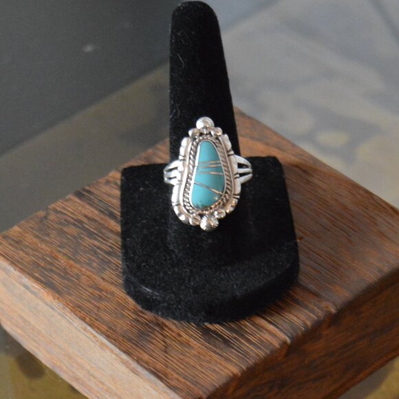 Navajo Sterling Silver and Turquoise Inlay Ring by James Manygoats - Picture 3 of 11